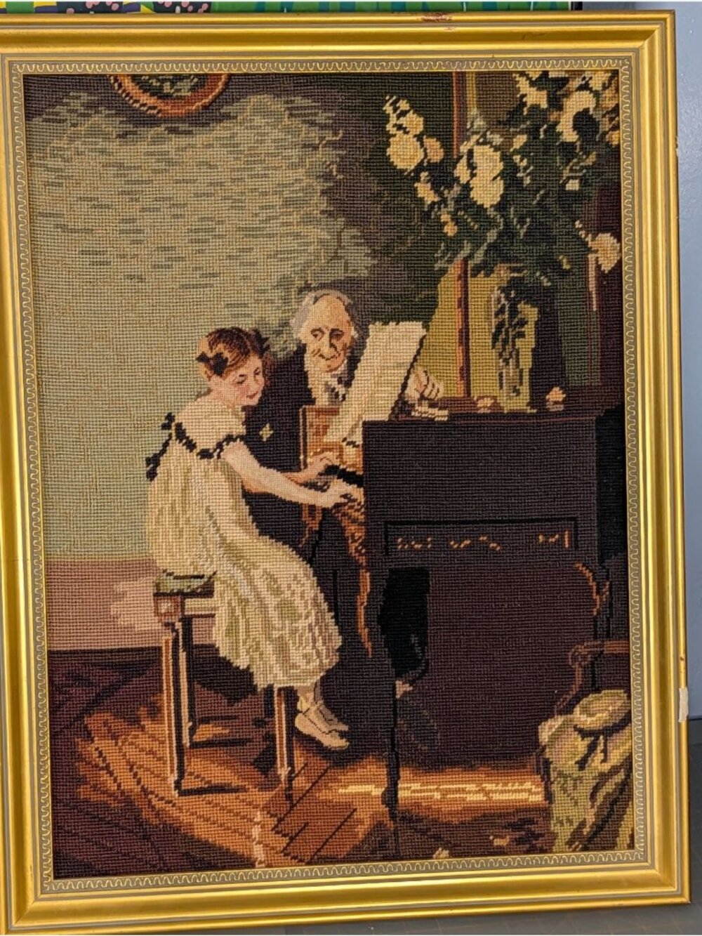 Vintage Needlepoint Tapestry Framed Art Piano lesson, decor - Picture 10 of 16